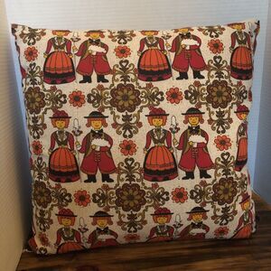 Vintage German Cotton Fabric 16x16 Decorative Pillow Folk Art Couple 70's colors